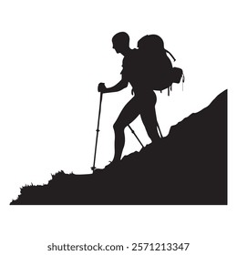 Hiking man Silhouette. hiking man with rucksacks silhouette. hiker with backpack, vector silhouettes. mountaineer climber hiker people. Backpacker. walking with the aid of trekking poles.