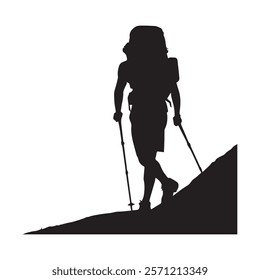 Hiking man Silhouette. hiking man with rucksacks silhouette. hiker with backpack, vector silhouettes. mountaineer climber hiker people. Backpacker. walking with the aid of trekking poles.