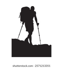 Hiking man Silhouette. hiking man with rucksacks silhouette. hiker with backpack, vector silhouettes. mountaineer climber hiker people. Backpacker. walking with the aid of trekking poles.