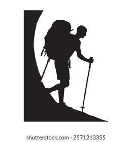 Hiking man Silhouette. hiking man with rucksacks silhouette. hiker with backpack, vector silhouettes. mountaineer climber hiker people. Backpacker. walking with the aid of trekking poles.