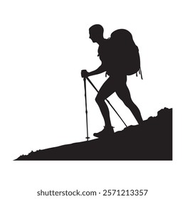 Hiking man Silhouette. hiking man with rucksacks silhouette. hiker with backpack, vector silhouettes. mountaineer climber hiker people. Backpacker. walking with the aid of trekking poles.