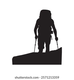 Hiking man Silhouette. hiking man with rucksacks silhouette. hiker with backpack, vector silhouettes. mountaineer climber hiker people. Backpacker. walking with the aid of trekking poles.