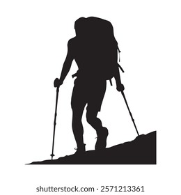 Hiking man Silhouette. hiking man with rucksacks silhouette. hiker with backpack, vector silhouettes. mountaineer climber hiker people. Backpacker. walking with the aid of trekking poles.