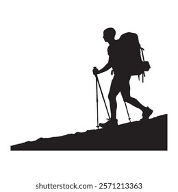 Hiking man Silhouette. hiking man with rucksacks silhouette. hiker with backpack, vector silhouettes. mountaineer climber hiker people. Backpacker. walking with the aid of trekking poles.