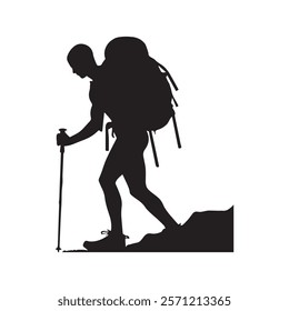 Hiking man Silhouette. hiking man with rucksacks silhouette. hiker with backpack, vector silhouettes. mountaineer climber hiker people. Backpacker. walking with the aid of trekking poles.