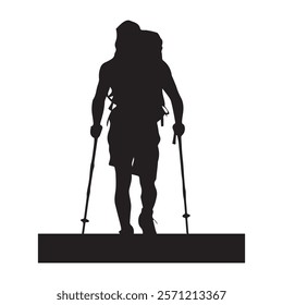 Hiking man Silhouette. hiking man with rucksacks silhouette. hiker with backpack, vector silhouettes. mountaineer climber hiker people. Backpacker. walking with the aid of trekking poles.