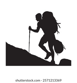 Hiking man Silhouette. hiking man with rucksacks silhouette. hiker with backpack, vector silhouettes. mountaineer climber hiker people. Backpacker. walking with the aid of trekking poles.