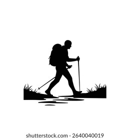 Hiking man silhouette trekking backpack nature.