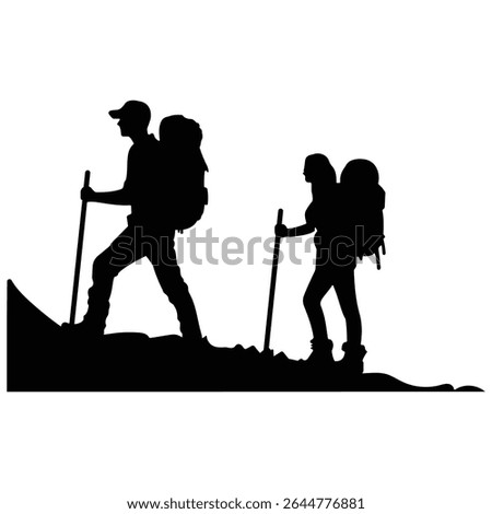 Hiking man silhouette, vector. Hiking vector icon, silhouette. Silhouette of a climber, Trekking, Travel and mountain, Hiking vector illustration. Vector silhouettes of people.