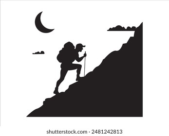 Hiking man Silhouettes. hiker with rucksacks silhouette. hiker with backpack, vector silhouettes. mountaineer climber hiker people. Backpacker. walking with the aid of trekking poles. hiking t shirt