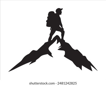 Wanderer Mann Silhouetten. Wanderer mit Rucksäcken Silhouette. Wanderer mit Rucksack, Vektorgrafik Silhouetten. Bergsteiger Wanderer Leute. Rucksacktourist. Wandern mithilfe von Trekkingstöcken. Wanderhemd