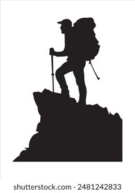 Hiking man Silhouettes. hiker with rucksacks silhouette. hiker with backpack, vector silhouettes. mountaineer climber hiker people. Backpacker. walking with the aid of trekking poles. hiking t shirt