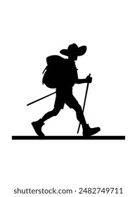 Hiking man Silhouettes. hiker with rucksacks silhouette. hiker with backpack, vector silhouettes. mountaineer climber hiker people. Backpacker. walking with the aid of trekking poles. hiking t shirt