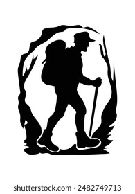 Hiking man Silhouettes. hiker with rucksacks silhouette. hiker with backpack, vector silhouettes. mountaineer climber hiker people. Backpacker. walking with the aid of trekking poles. hiking t shirt