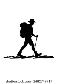 Hiking man Silhouettes. hiker with rucksacks silhouette. hiker with backpack, vector silhouettes. mountaineer climber hiker people. Backpacker. walking with the aid of trekking poles. hiking t shirt