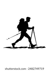 Hiking man Silhouettes. hiker with rucksacks silhouette. hiker with backpack, vector silhouettes. mountaineer climber hiker people. Backpacker. walking with the aid of trekking poles. hiking t shirt