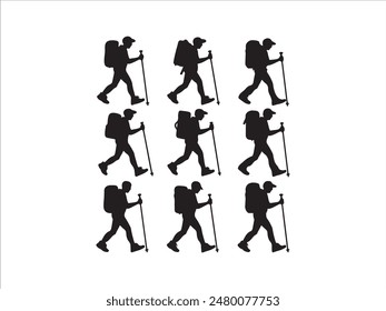 Hiking man Silhouettes. hiking man with rucksacks silhouette. hiker with backpack, vector silhouettes. mountaineer climber hiker people. Backpacker. walking with the aid of trekking poles.