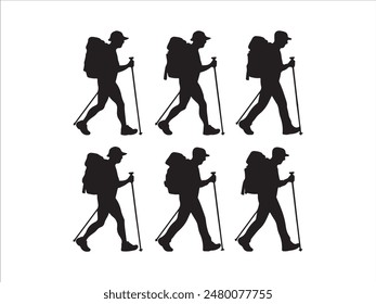 Hiking man Silhouettes. hiking man with rucksacks silhouette. hiker with backpack, vector silhouettes. mountaineer climber hiker people. Backpacker. walking with the aid of trekking poles.