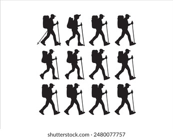 Hiking man Silhouettes. hiking man with rucksacks silhouette. hiker with backpack, vector silhouettes. mountaineer climber hiker people. Backpacker. walking with the aid of trekking poles.