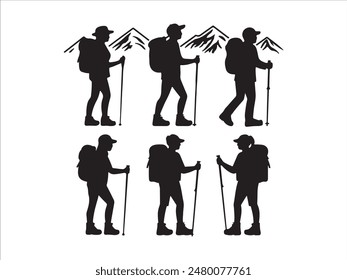 Hiking man Silhouettes. hiking man with rucksacks silhouette. hiker with backpack, vector silhouettes. mountaineer climber hiker people. Backpacker. walking with the aid of trekking poles.