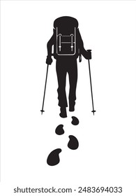 Hiking man Silhouettes. hiking man with rucksacks silhouette. hiker with backpack, vector silhouettes. mountaineer climber hiker people. Backpacker. walking with the aid of trekking poles.