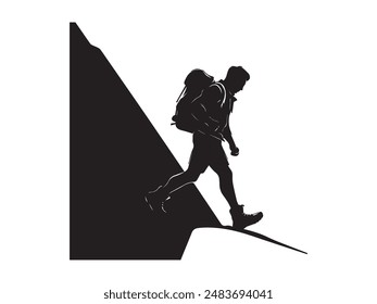 Hiking man Silhouettes. hiking man with rucksacks silhouette. hiker with backpack, vector silhouettes. mountaineer climber hiker people. Backpacker. walking with the aid of trekking poles.