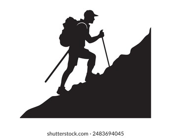 Wanderer Mann Silhouetten. Wanderer Mann mit Rucksäcken Silhouette. Wanderer mit Rucksack, Vektorgrafik Silhouetten. Bergsteiger Wanderer Menschen. Rucksacktouristen, die mithilfe von Trekkingstöcken laufen.