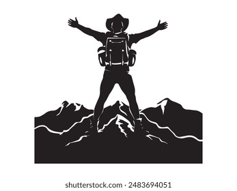 Hiking man Silhouettes. hiking man with rucksacks silhouette. hiker with backpack, vector silhouettes. mountaineer climber hiker people. Backpacker. walking with the aid of trekking poles.