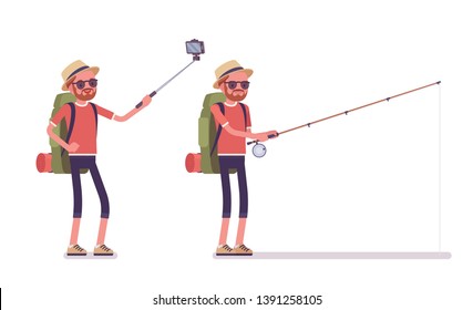 Hiking man taking selfie, fishing. Male tourist with backpacking gear, wearing clothes for outdoor walks, sporting, leisure activity. Vector flat style cartoon illustration isolated, white background