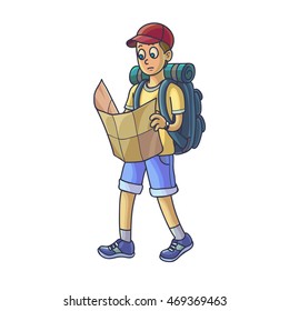 Hiking man. Travelling young man lost or walking looking at map. Vector illustration. Isolated on white.