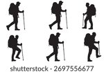 Hiking man walking stick backpack trekking vector black silhouette white background