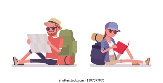 Hiking man, woman exploring route. Tourists with backpacking gear, wearing clothes for outdoor walks, sporting or leisure activity. Vector flat style cartoon illustration isolated on white background