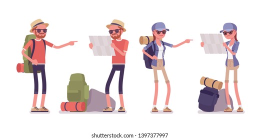 Hiking man, woman exploring route. Tourists with map, backpacking gear, wearing clothes for outdoor walks, sporting, leisure activity. Vector flat style cartoon illustration isolated, white background