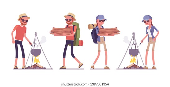 Hiking man, woman near campfire. Tourists with backpacking gear, wearing clothes for outdoor walks, sporting or leisure activity. Vector flat style cartoon illustration isolated on white background