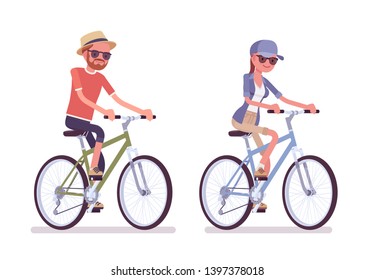 Hiking man, woman riding a bike. Cyclist tourists wearing clothes for long outdoor walks, sporting or leisure activity across country. Vector flat style cartoon illustration isolated, white background