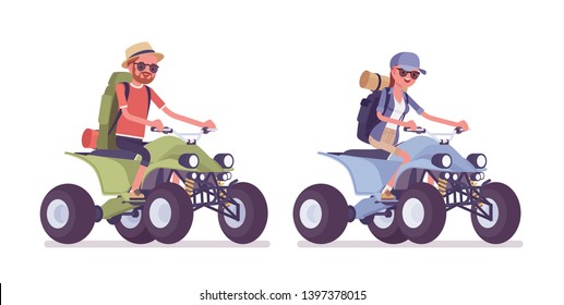 Hiking man, woman riding a quad bike. Tourists with backpacking gear, wearing clothes for outdoor walks, sporting or leisure activity. Vector flat style cartoon illustration isolated, white background