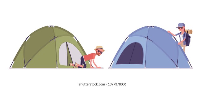 Hiking man, woman setting up a dome tent in camp. Tourists wearing clothes for outdoor walks, summer sporting or leisure activity. Vector flat style cartoon illustration isolated, white background