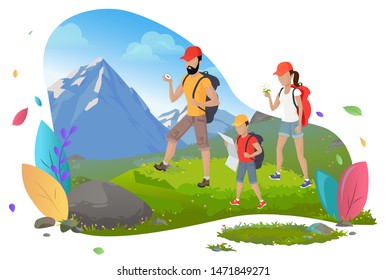 Hiking man and woman with son, hikers or backpackers vector. Outdoor activity, mountain or rock, family walking with backpacks, wild nature and sport. Mountain tourism. Flat cartoon