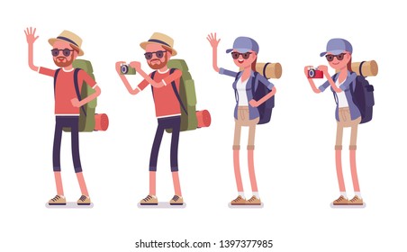 Hiking man and woman standing. Tourists with backpacking gear, wearing clothes for outdoor sporting or leisure activity. Vector flat style cartoon illustration isolated on white background