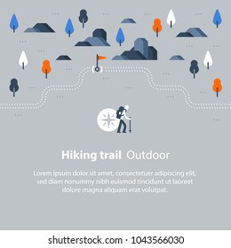 Hiking Map, Outdoor Trail, Countryside Landscape, Nordic Walking, Orienteering Concept, Trail Path With Flag, Nature Park Trekking, Vector Icon, Flat Illustration