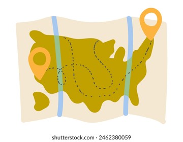 Hiking map with route in flat design. Travel navigation paper with locations. Vector illustration isolated.