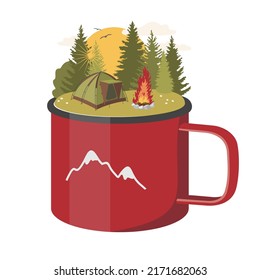 A hiking metal mug with a forest landscape, a tent and a campfire. Vector clipart.