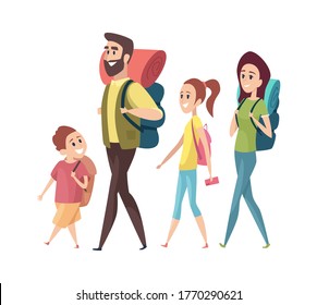 Hiking. Mom dad daughter son with backpacks. Isolated tourists characters vacation or family trip vector illustration