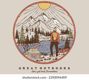 Hiking, Mountain adventure vintage artwork. great outdoors. Explore more print design. Outdoor at the mountain retro print design for t shirt and others. Lake graphic artwork. 