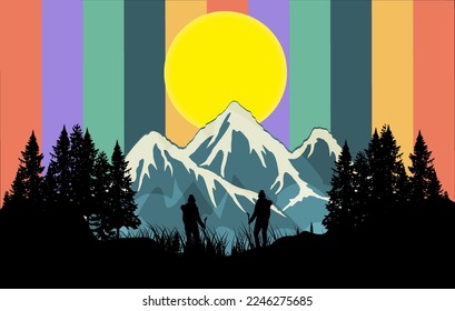 Hiking Mountain Background Illustration, Vector illustration of Hiking with mountains, Landscape with mountains,  Realistic illustration of mountain landscape, Outdoor activity