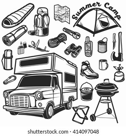 Hiking, mountain climbing and camping car equipment icon set 