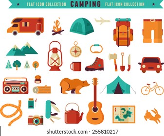 Hiking, mountain climbing and camping equipment  - icon set and infographics