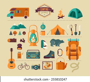 Hiking, mountain climbing and camping equipment  - icon set and infographics