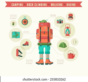 Hiking, mountain climbing and camping equipment  - icon set and infographics