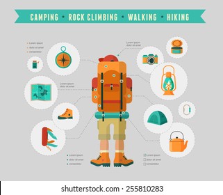 Hiking, mountain climbing and camping equipment  - icon set and infographics